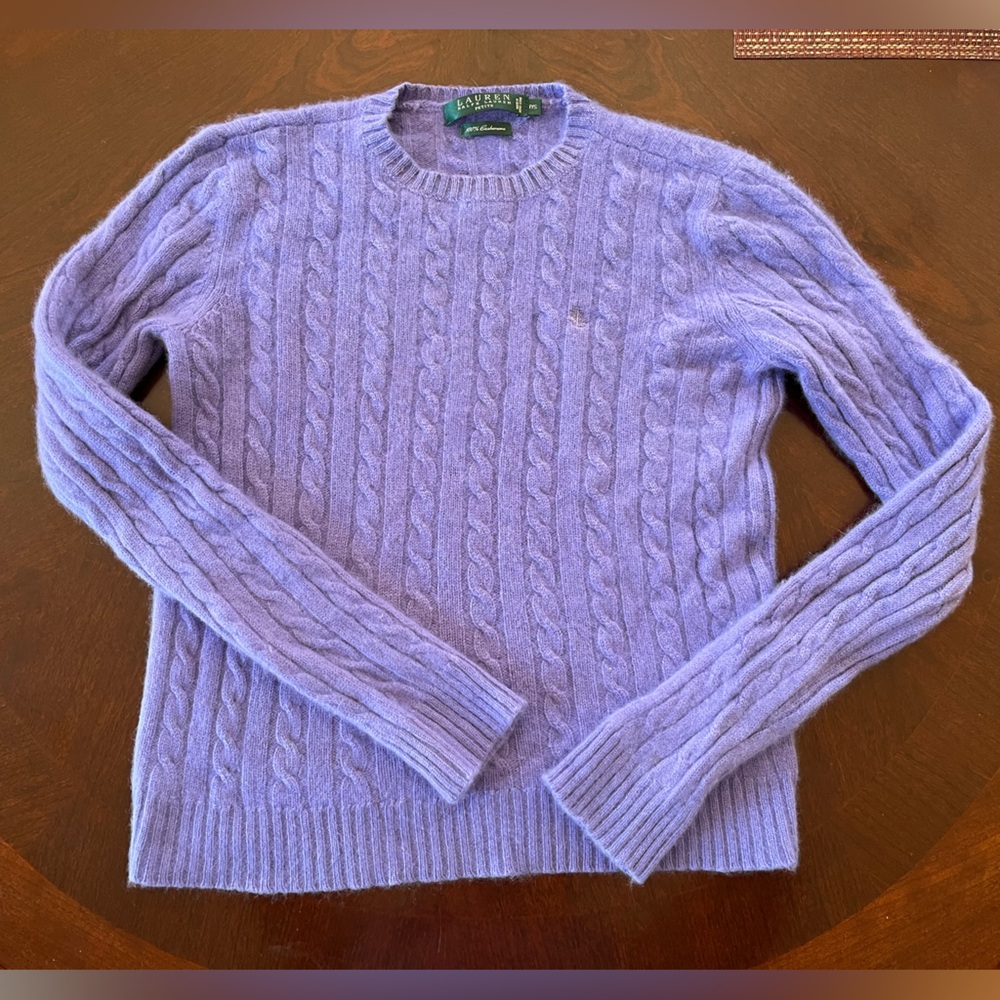 Lauren Ralph Lauren 100% Cashmere Monogram Cable Knit Purple Sz Petite Small